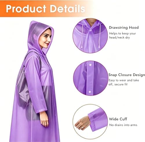 JXJIUA Rain Poncho Raincoats for Adults Men/Women, 2 Pack Reusable Rain Jacket Rainwear with Hoods and Sleeves, Waterproof for Emergency, Outdoors, Camping(Purple) — view 3