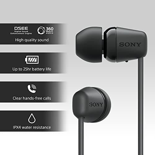 Sony WI-C100 Wireless In-ear Headphones - Up to 25 hours of battery life - Water resistant -Built-in mic for phone calls - Voice Assistant compatible - Reliable Bluetooth® connection - Black — view 4