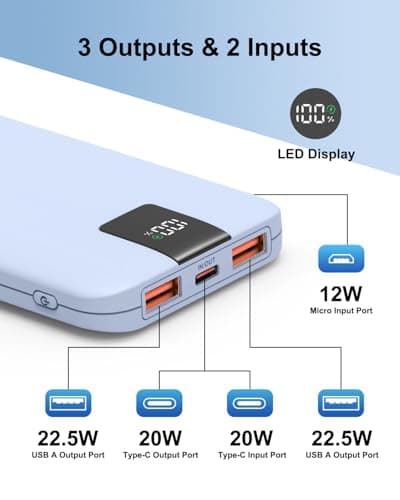 Odetrik Portable Charger 10000mAh 22.5W Power Bank, Fast Charging External Battery Pack with 3 Outputs & 2 Input, Type-C In/Out, LCD Display Slim Portable Phone Charger for Smartphone, Tablets (Blue) — view 5