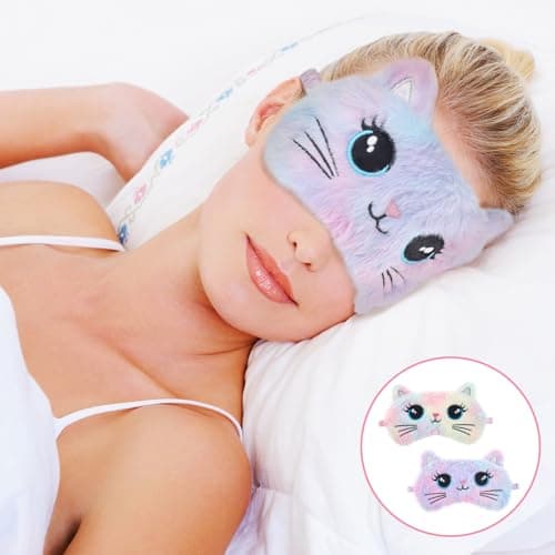 Plush Sleep Mask, 2 Pcs Cute Cat Sleeping Eye Mask Colorful Soft Sleeping Masks Comfortable Funny Animal Night Eye Masks for Sleeping for Women Home Travel Camp Nap — view 4