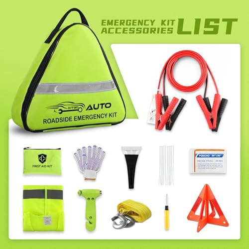 Car Emergency Kit for New Drivers | Essential Roadside Tools with Jump Leads, Tow Rope, Safety Hammer, Warning Triangle & Mini First Aid Kit (Bright Green) — view 2