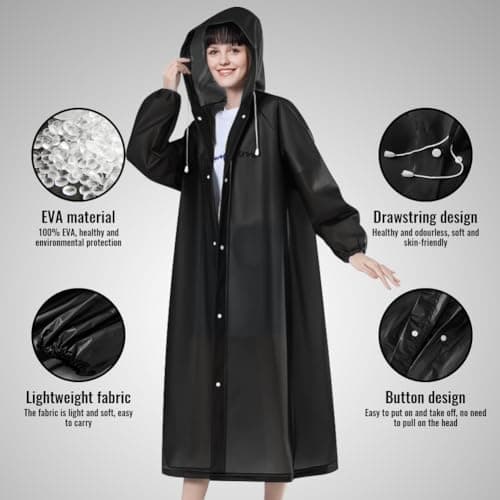 CHGANG Rain Ponchos, EVA Portable Adults Waterproof Ponchos, Reusable raincoat with Hoods for Camping, Hiking Travel, Amusement Parks, Festival (Black) — view 4