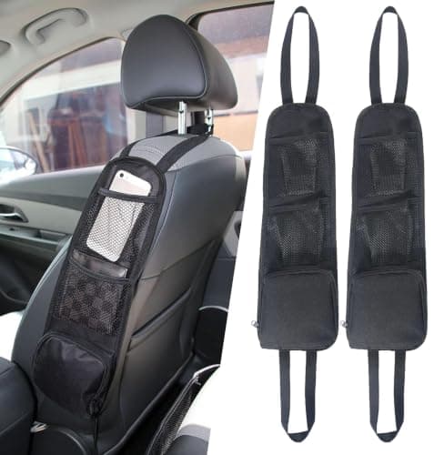 URAQT Car Organisers, 2 Pcs Car Seat Side Storage Bag with 3 Pockets, Front Seat Mesh Hanging Bag for Auto Small Items, Durable Drink Holder Storage Pockets Fit for All Vehicles