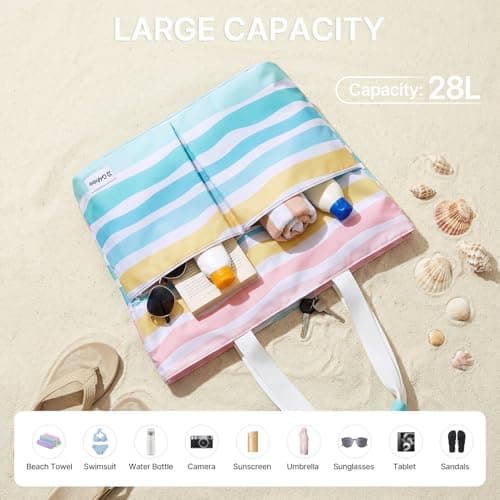 G4Free Foldable Beach Bags for Women, Sandproof Waterproof Beach Tote Bags with Double Handle, Lightweight Compartment Pool Travel, Rainbow Ripples — view 5
