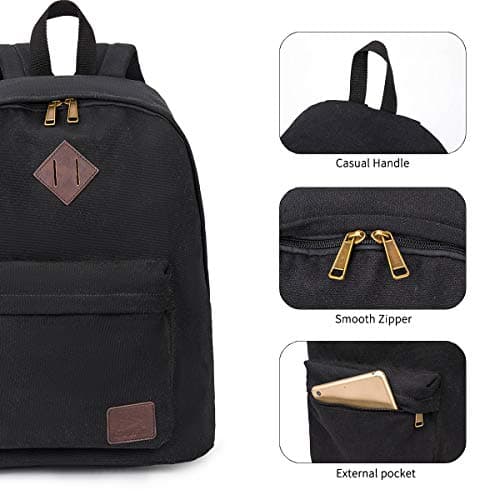 seemeroad Canvas Vintage Backpack Lightweight Travel Daypack Laptop Backpack College Student Rucksack for Men Women (Black) — view 4