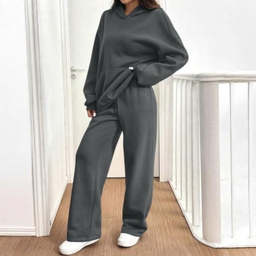 Tracksuit Womens Full Set Oversized 2 Piece Outfits Long Sleeve Hoodie and Sweatpants Women Lounge Wear Sets Fashion Sweatsuits Wide Leg Jogger Loose Loungewear Gym Fitness Activewear Set Dark Gray M — view 2