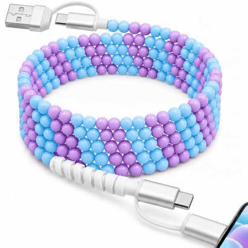 Atsidexa 4-in-1 Beaded Charging Cable, MFi Certified, Works with CarPlay, 6.6FT 60W Fast Charger Cord for iPhone 17/16/15/14/13/12/11, iPad, Samsung, Android and More (Lavender Sky)