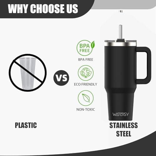 WATERSY Travel Mug Coffee Cup 20oz Tumbler Straw Lid and Handle, Stainless Steel Double Wall Vacuum Insulated Coffee Water Bottle Thermal for Cold Hot Coffee 591ml Black — view 3