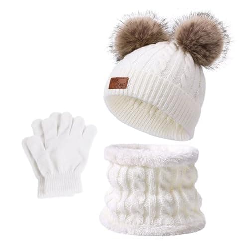 kids Hat Scarf Gloves Set, Knit Thick Warm Three-Piece Sets, Thermal Knitted Beanie Hat Snood Neck Warmer Mitten, Winter Warm Set Essential for Children （White）