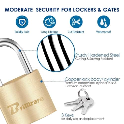 4 Pack Luggage Locks with Keys, Brass Padlock, Solid Copper Travel Waterproof Keyed Lock Unbreakable, Outdoor Metal Lock for Lockers, Bags, Backpack, Gym, Gate, Toolbox-Golden — view 3