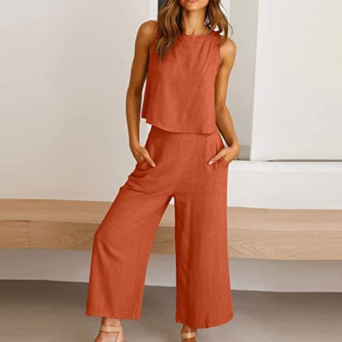 Women's 2 Piece Lounge Set Summer Outfits Casual Sleeveless Camisole Crop Top Capri Wide Leg Pants Jumpsuit Cotton Linen Loungewear Beach Travel Sets Spring Matching Tracksuit — view 6