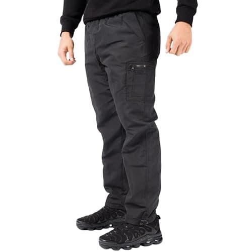 Men’s Thermal Fleece-Lined Cargo Trousers – Windproof Water-Resistant Work Combat Pants with Multi Pockets, Elasticated Waist & Drawstring for Walking & Outdoor, Biker Cyclist Use - Black XL