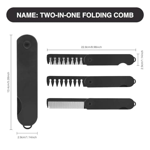 2-in-1 Folding Pocket Comb for Men - Fine Tooth & Wide Tooth Beard Combs - Flip Design Travel Comb for Hair, Mustache & Beard Grooming - Portable Styling Tool (Black) — view 2