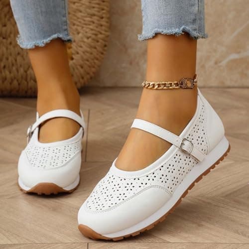 Women's Vintage Perforated Mary Jane Sneakers Chic Buckle Loafers Breathable Walking Shoes for Travel and Weekend Trips White — view 4