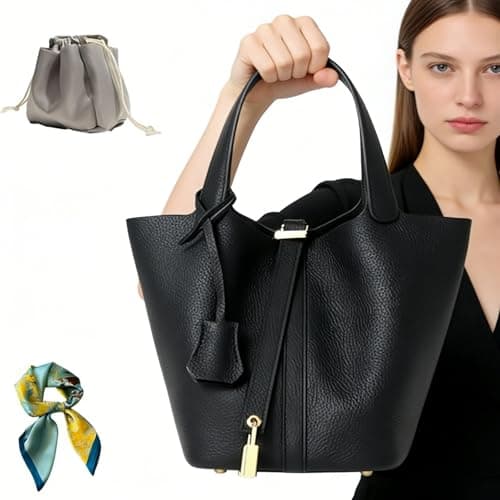 Genuine Leather Handbag for Women: Shoulder Bag with Lock Design, Versatile and Top Handle, Fashionable Vegetable Basket, Black/White, 7.5 x 5.9 x 7.1 pulgadas — view 6