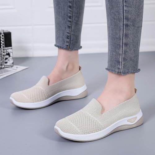 Summer Trainers for Women Arch Support Road Running Shoes Lightweight Mesh Breathable Sneakers for Gym Fitness Jogging Walking Size UK 5.5 Beige — view 2