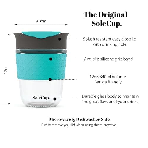 SoleCup. - Reusable Strengthened Glass Travel Cup - Spill Proof Coffee Mug - 12oz/340ml BPA-Free Hot Drink Travel Mug with Lid & Silicone Band (Grey and Blue, 12oz / 340ml) — view 2