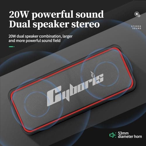 CYBORIS Powerful 20W Bluetooth Speaker IPX7 Waterproof Portable Wireless Speakers, HiFi Loud Deep Bass Stereo Sound,BT5.3, Dual Pairing, 24H Playtime, for Home, Outdoor, Travel, Party (Black Red) — view 3