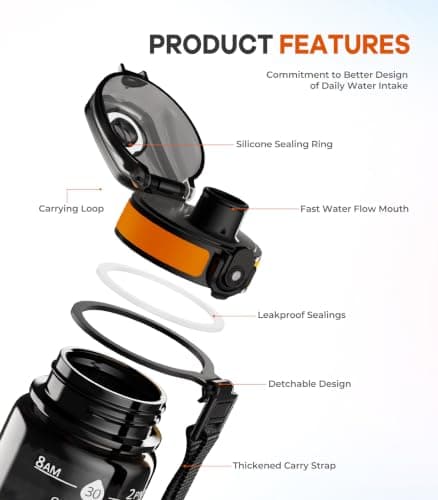 Gylinm 1L Water Bottle Made of BPA-Free Tritan Material, Sports Water Bottle with Removable Straw & Hydration Time Markerings, Ideal for Gym, Travel, Home, School and Outdoor Activities - Black-Orange — view 6