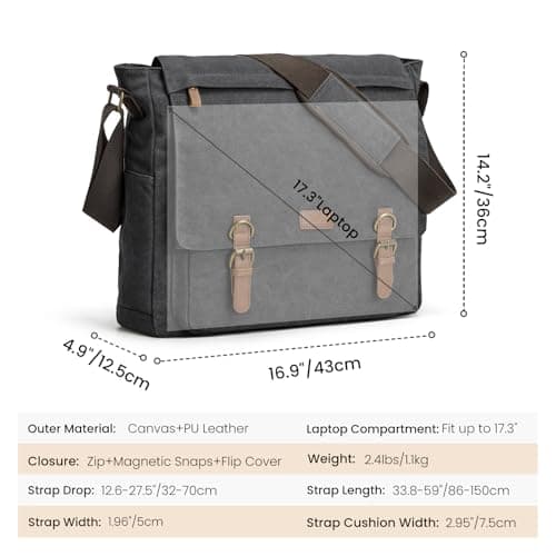 S-ZONE Messenger Bag Fit for 17.3 Inch Laptop Extra Large Men Canvas Briefcase Crossbody Satchel Shoulder Bag with Luggage Sleeve — view 3