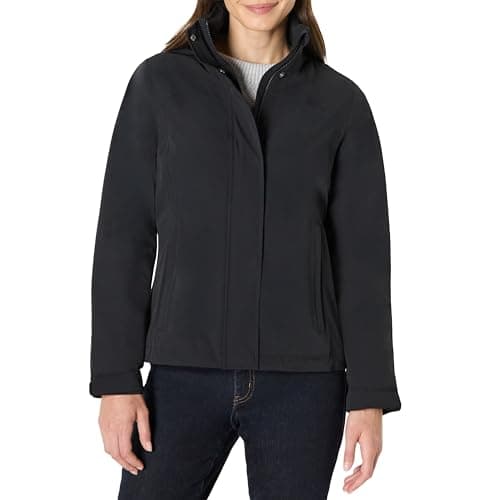 Amazon Essentials Women's Relaxed-Fit Packable Lightweight Waterproof Hooded Rain Jacket, Black, S