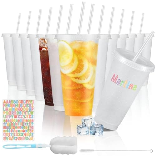 12 Pack 710ml Reusable Plastic Cups with Lid Straws Letter Stickers Brushes