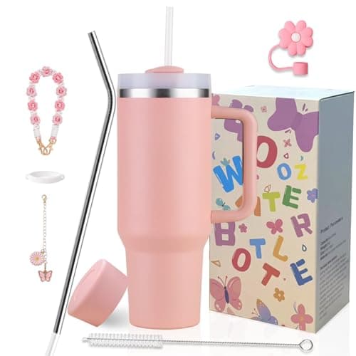 Sanilinwild 40 oz Tumbler Insulated Mug w/Straw & Flip Cap Lids - Cup Holder Bottle with 6 Accessories Set for Hot, Cold Drink - Leak-Proof - Water, Coffee Portable Travel Mug (Coral)