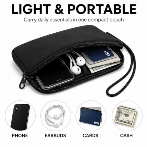 HOQBFSN Neoprene Mobile Phone Pouch with Hand Strap, Universal Zipper Smartphone Sleeve, Shock Resistant Water Repellent Soft Carry Bag for Daily Travel Outdoor Use Black — view 5