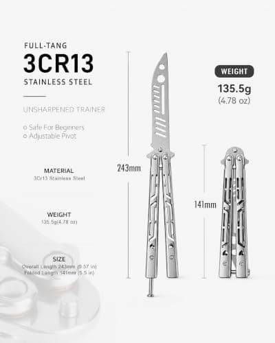 Foldable Butterfly Knife Trainer - for Training & Display Only (Silver) — view 2