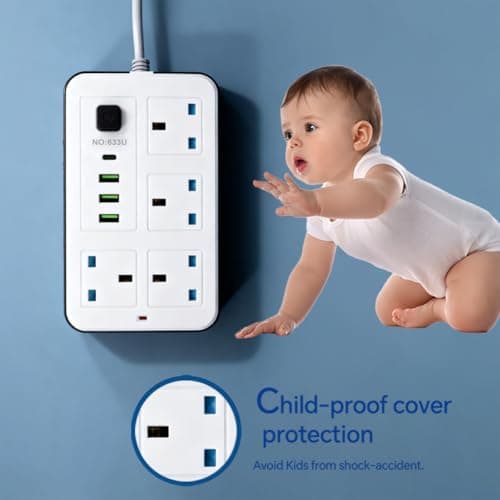 Maqash extension lead with usb slots 2500W -2m long cable - copper clips - 13A 220V - multi usb plug Cord UK - power strip with USB Socket, 8 in 1 mobile charging USB C PD 5V/2.1A — view 4