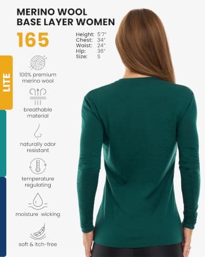 100% Merino Wool Base Layer Womens - Long Sleeve Thermal Shirts + Socks (Medium, 165 Forest Green) — view 2