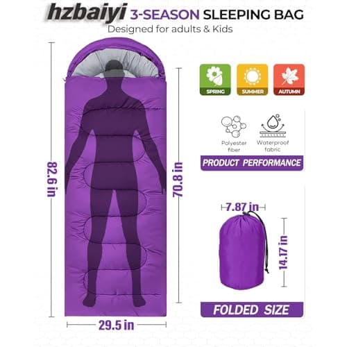 Sleeping Bags for Adults & Kids Sleeping Bag 3 Season, Ultralight Carry Bag, Adult Blanket, Lightweight Compact for Outdoor Camping, Travel, Hiking, Indoor & Outdoor Use (Purple) — view 2