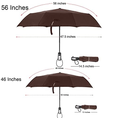 TradMall Travel Umbrella Windproof with 46/56 Inches Large Canopy 10 Reinforced Fiberglass Ribs Ergonomic Handle Auto Open & Close, Brown, 56 Inches — view 2