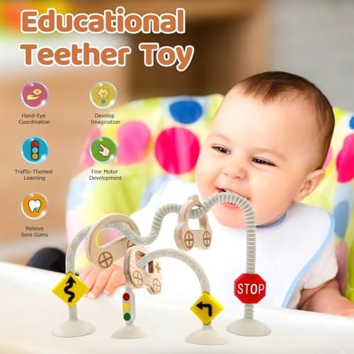 Infant Relief Sensory Toys for Babies 6 7 8 9 12 Months, Suction Cup High Chair Toys for Toddlers, Silicone Travel with Car Wooden Ring for Traffic Cognition Enlightenment Gifts — view 4