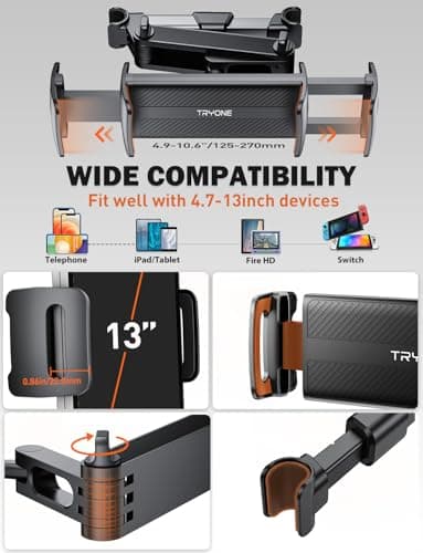 TRYONE Car Headrest Tablet Holder Mount Stretchable Backseat Tablets Stand for Kids, Car Seat Mounts Compatible with iPad Pro 12.9 Air Mini, iPhone, Galaxy Tab, Switch, All 4.7-12.9" Screen Devices — view 6