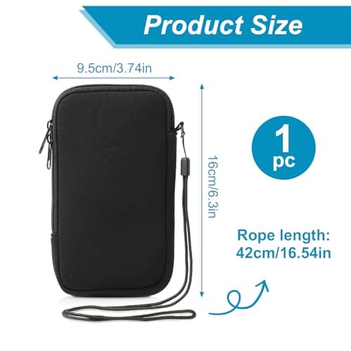 Phone Sock, Neoprene Phone Pouch, Mobile Phone Sleeve Case with Zipper, Lanyard and Mesh Pocket, Water Resistant Phone Pouch Case for Smartphones, for Travel, Walking and Daily Carry (Black) — view 2