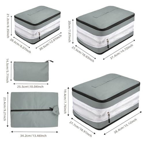 5 Set Compression Packing Cubes for Suitcases, Travel Organiser for Carry on Hand Luggage Newest Double Sided Expandable Packing Bags with Shoes Bag (Grey) — view 2