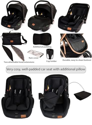 Baby Pram & Pushchair Travel System 3 in1 with Car Seat - Lightweight Folding Buggy Stroller for Newborns 0-36 Months (Black Gold - Lite Frame & Swap Canopy (Fur & Plain)) — view 3