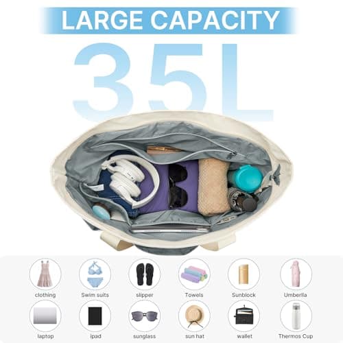 G4Free 35/50L Foldable Beach Bag with Zipper Pockets, Waterproof Tote Pool Handbags for Women, Compatible with Stanley Cup, Weekender, Travel, Holiday — view 6