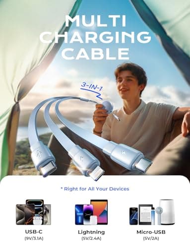 LISEN Multi Charger Cable, Retractable USB C to USB Charging Cable 3 in 1 Charger Lighting/Micro USB Cable, Travel Chargers for Multiple Devices for iPhone 17 16 15 14 Pro/Galaxy S25/Switch2, Cerulean — view 2