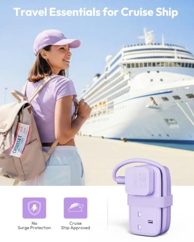 NTONPOWER Travel Extension lead with USB Slots,Rollable 1.2M Extension Cord with 2 Way Outlets 3 USB（1 Type C), Purple Extension Lead for Cruise Travel Essentials Hotel Home Office — view 6