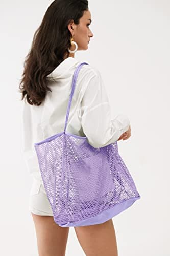 Hoxis Mesh Beach Tote Womens Shoulder Handbag, Lavender, L — view 2