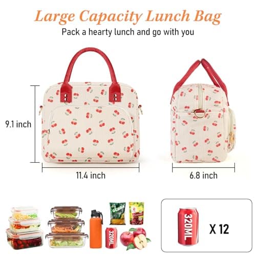 TXBOBECO Lunch Bag for Women & Kids, 11.5L Large Insulated Lunch Box Bag, Adults Girls Packed Lunch Box Tote Bags with Shoulder Strap, Soft Cooler Picnic Bags for Work School Picnics (Cherry) — view 2