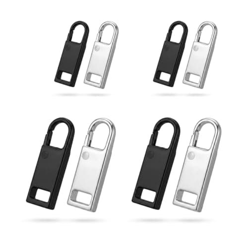 8 Pack Instant Clip-on Zipper Pulls, 2 Sizes No-Tool Slim Hook Replacement for Mini Micro Holes, Detachable Metal Zip Pull Tabs for Luggage Suitcase Jacket Purse, Black & Silver — view 2