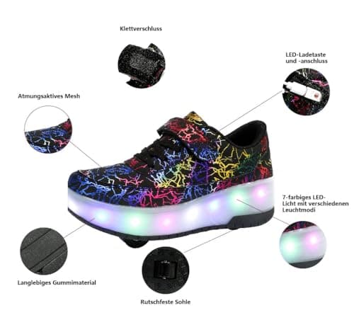 HUSKSWARE Kids Shoes with Wheels – LED Light-Up Roller Sneakers Boys Girls, Retractable Skating Trainers, USB Rechargeable Outdoor Sports Shoes EU 27-40 White Black Pink — view 5