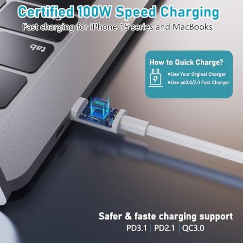 USB C to USB C Cable, 1M 100W Nylon Braided Charger for iPhone 16/16 Plus/16 Pro Max/15/15 Plus/15 Pro Max, MacBook Pro, iPad Pro Air, Samsung S24/S24 Ultra/S23 USBC-Yellow — view 2