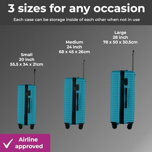 Neo 3 Piece Hard Shell Luggage Suitcase Set ABS Expandable Handle Lightweight Durable Trolley Travel with 360 Spinner Wheels Inbuilt Lock 20" 24" 28" (Electric Blue) — view 3