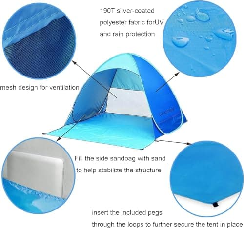 Pop up Beach Tent Outdoor Automatic Instant Portable Cabana Beach Tent 2-3 Person Fishing Anti UV Beach Tent Beach Sun Shelter with Carry Bag 145X165X110cm Blue — view 4