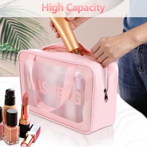 4 Pcs Clear Travel Toiletries Bag for Women, Travel Toiletry Bags Clear Wash Bag for Toiletries, PVC Waterproof Makeup Bag for Women and Girls (Pink) — view 4