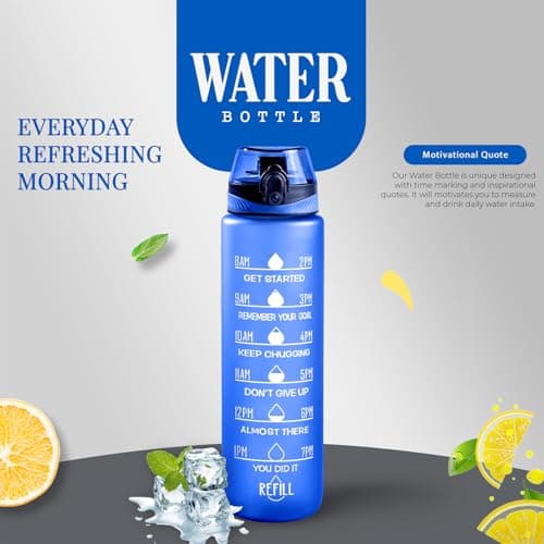 Active 100 Water Bottle 1L Sports Water Bottle with Motivational Time Marker, Dishwasher Safe Leak-proof Drink Bottle BPA Free Non-Toxic for Running,cycling, Gym, School & Office (Blue) — view 2